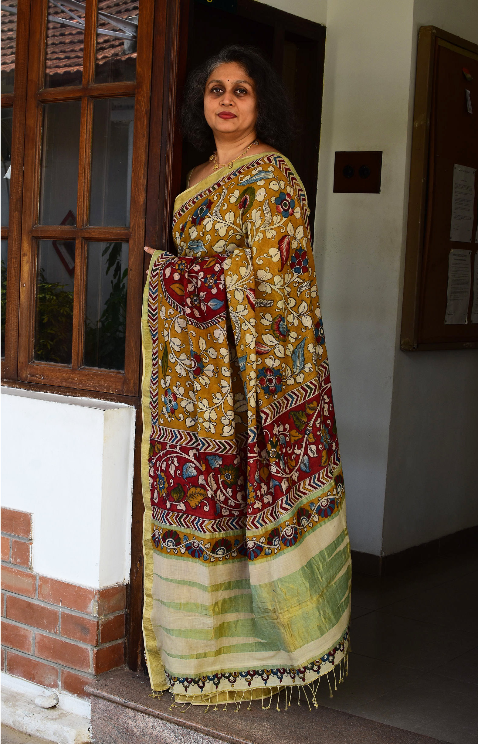 Mustard Yellow, Handwoven Organic Cotton,Textured weave, Hand painted, Natural Dye , Occasion Wear,Pen Kalamkari Saree